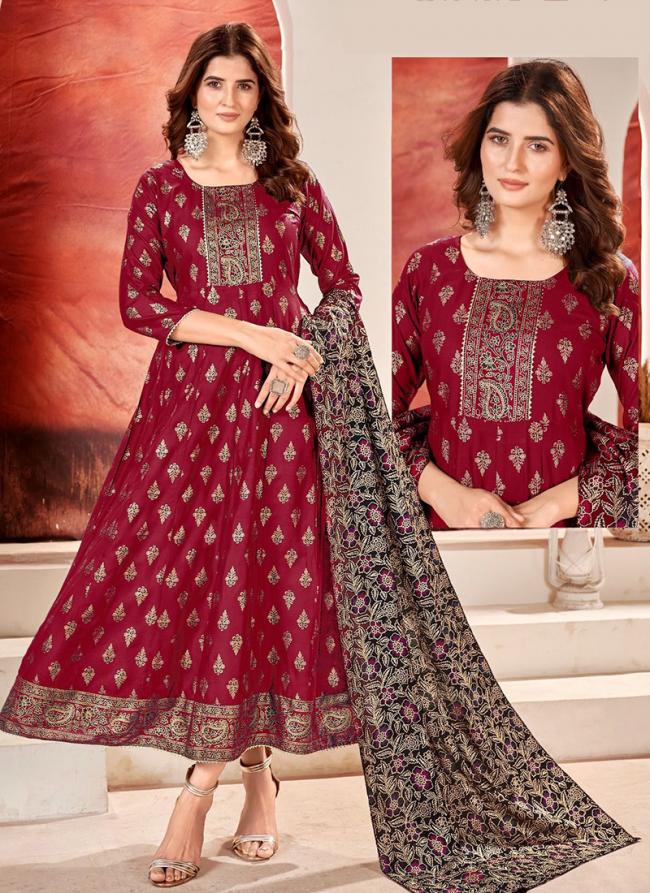 Rayon Maroon Casual Wear Foil Printed Gown With Dupatta